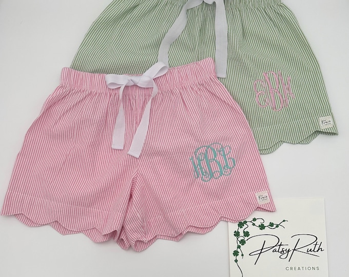 Personalized Seersucker Sleep Shorts with Scalloped Hem - Custom Name Monogram Design