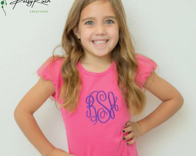 Girls' Monogrammed Puff Sleeve Cotton Shirt: Personalized Ruffle Detail Top
