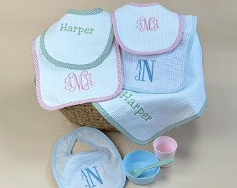 Personalized Seersucker Trim Bib & Burp Cloth Set - Terry Cloth Back, Waffle Cone Design