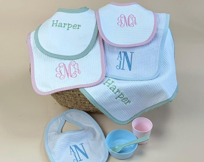 Personalized Seersucker Trim Bib & Burp Cloth Set - Terry Cloth Back, Waffle Cone Design