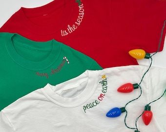 Embroidered Collar Crew Neck Christmas T-Shirt for Adults