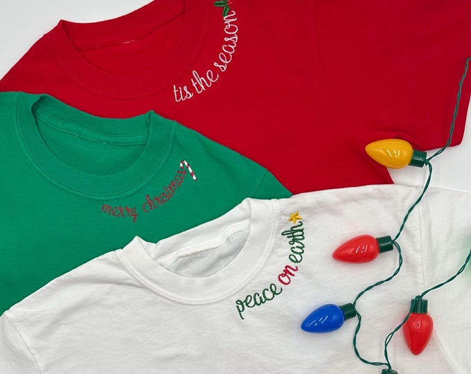 Embroidered Collar Crew Neck Christmas T-Shirt for Adults