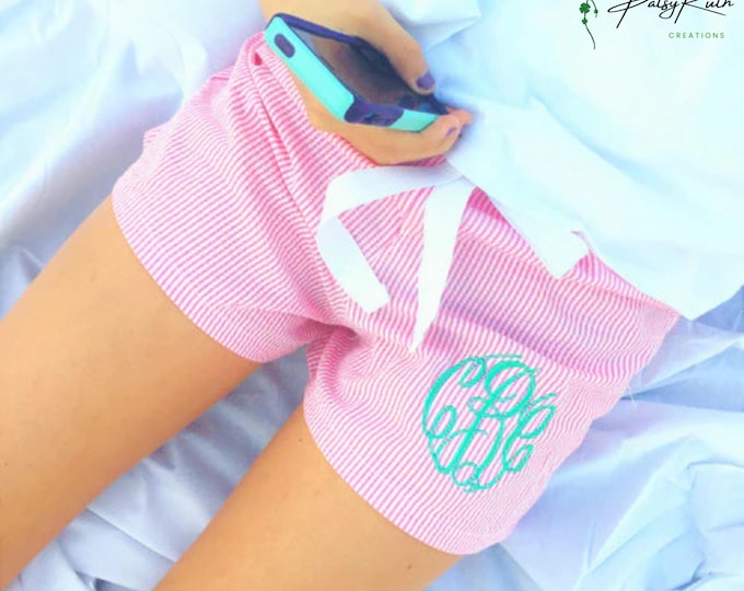 Personalized Seersucker Sleep Shorts - Custom Name Monogram Design - Sorority Letters - Greek Life