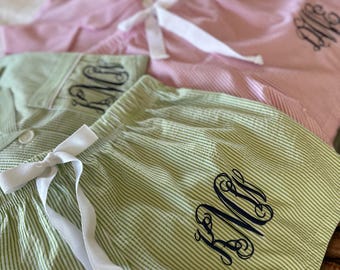 Monogrammed Personalized Seersucker Pajama Shorts Set: Women's Sleepwear-Sorority Letters-Greek Life