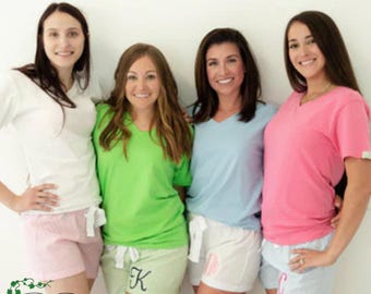 Personalisierte Seersucker Schlafshorts - gerades Bein Monogramm Pyjama