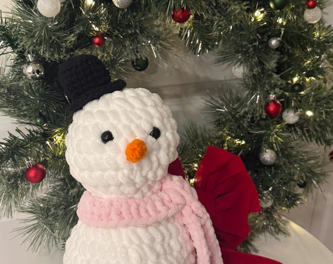 Handmade Crochet Snowman - 12 Inches Tall, Cozy Pink Scarf & Top Hat