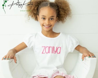 Girls' Monogrammed Puff Sleeve Cotton Shirt: Personalized Ruffle Detail Top