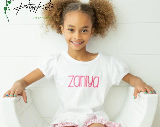 Girls' Monogrammed Puff Sleeve Cotton Shirt: Personalized Ruffle Detail Top