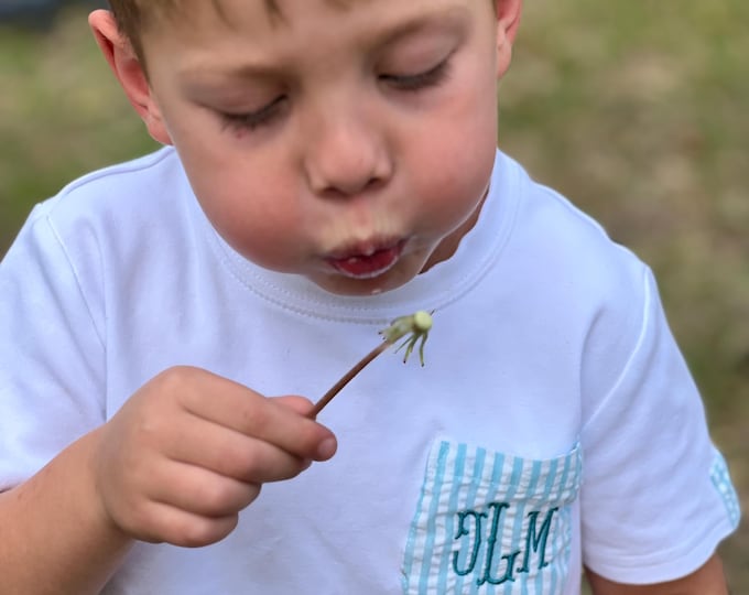 Monogrammed Child's Seersucker Pocket Tee-Short Sleeve Pocket Tee-Personalized Pocket Tee-Monogrammed Spring Clothes