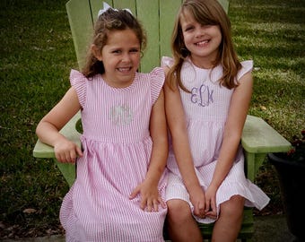 Monogrammed Seersucker Dress-Girls Monogrammed Dress-Monogrammed Sundress-Seersucker Dress