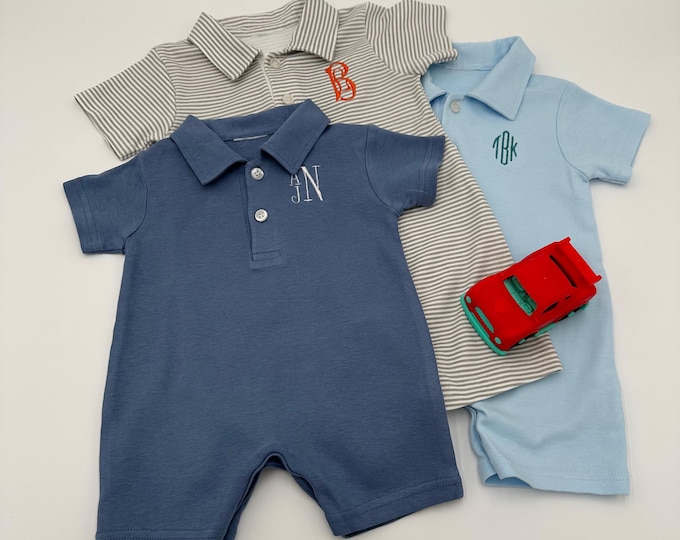 Monogrammed Personalized Baby Polo Romper - Soft Cotton, Easy Snap Closure