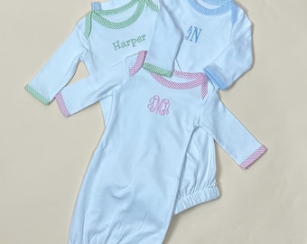 Custom Baby Gown with Sweet Seersucker Trim