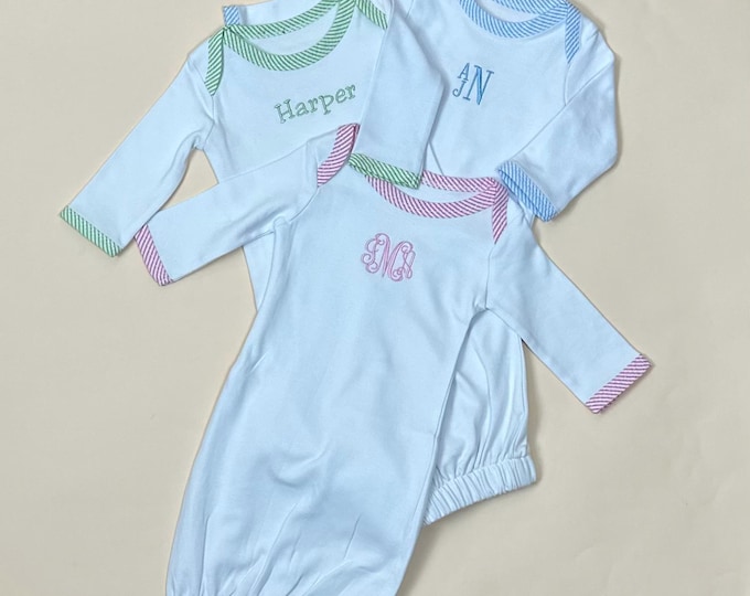Custom Baby Gown with Sweet Seersucker Trim