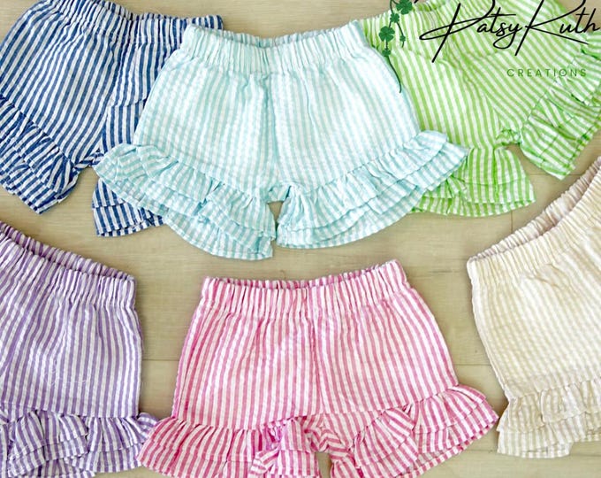 Monogrammed Seersucker Ruffle Shorts-Baby Monogrammed Shorts-Seersucker Ruffle Shorts
