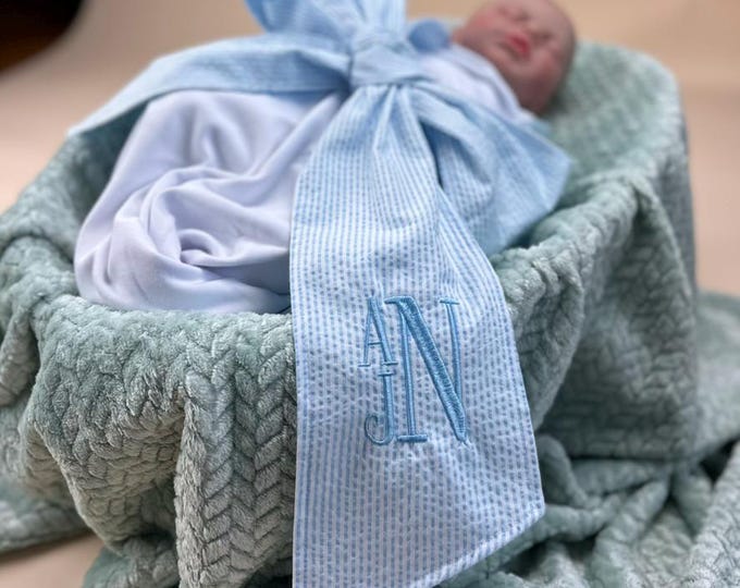 Monogrammed Baby Swaddle with Seersucker Bow - Custom Newborn Blanket