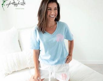 Personalized Seersucker Sleep Shorts - Custom Name Monogram Design - Sorority Letters - Greek Life