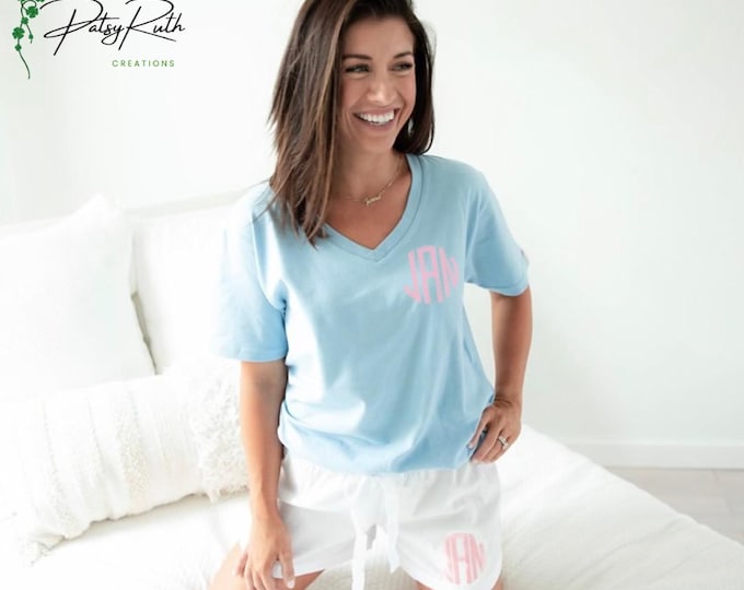 Personalized Seersucker Sleep Shorts - Custom Name Monogram Design - Sorority Letters - Greek Life