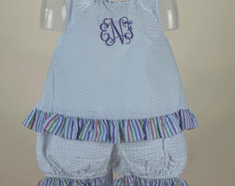 Monogrammed Seersucker Bloomers and Tie Back Top - Baby Girls' 2-Piece Swing Back Set - Seersucker Bloomers Set - Tie Back Set