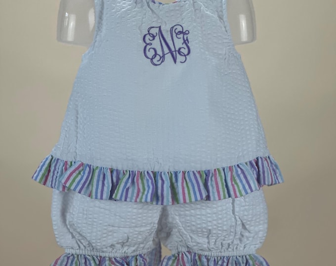 Monogrammed Seersucker Bloomers and Tie Back Top - Baby Girls' 2-Piece Swing Back Set - Seersucker Bloomers Set - Tie Back Set