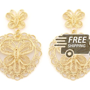 Portuguese Filigree EARRINGS Round Bold Heart Viana Traditional Portugal, 925 Sterling Silver with 24k Gold Bath