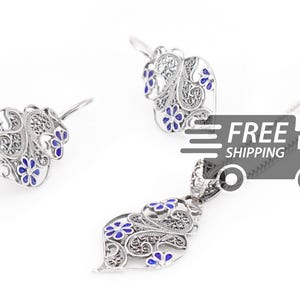 Portuguese Filigree Earrings + Necklace SET Small Viana Heart w/ Enameled Flowers Traditional Portugal, 925 Sterling Silver