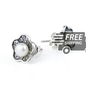 Portuguese Filigree EARRINGS w/ Freshwater Pearls Viana Traditional Antique Portugal in 925 Silver