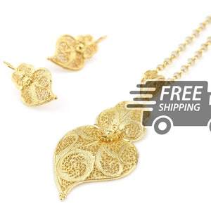 Filigree Set XS EARRINGS + Necklace Viana Heart Traditional Antique Portugal Portuguese, 925 Sterling Silver with 24k Gold Bath