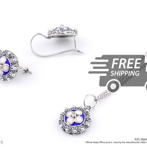 Filigraanset ketting + oorbellen caramujo klassiek rond traditioneel antiek Portugal, sterlingzilver met email