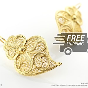 Portuguese Filigree EARRINGS S Size Viana Heart Traditional Antique Portugal, 925 Sterling Silver with 24k Gold Bath