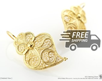 Portuguese Filigree Earrings: Viana Heart, Gold Plated 925 Sterling Silver