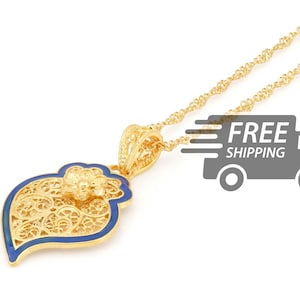 Portuguese Filigree PENDANT Viana Heart with Blue Enamel and Twisted Necklace Traditional in 925 Sterling Silver with 24k Gold Bath