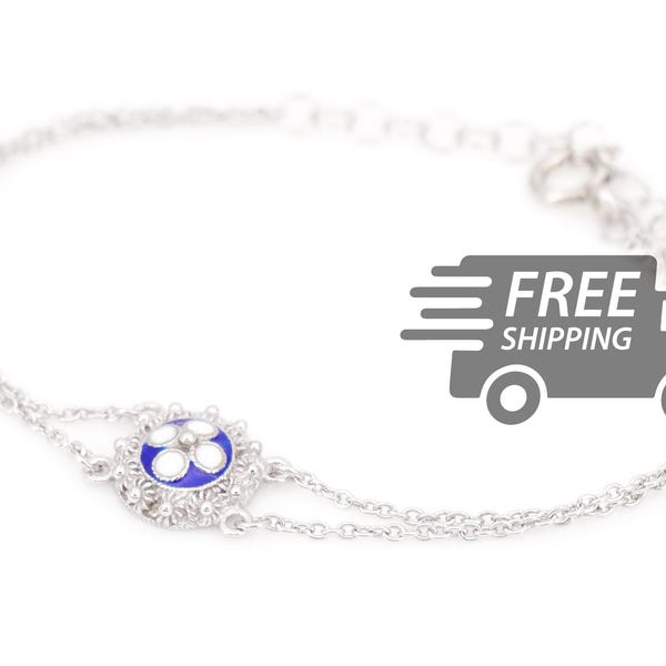 Portuguese Filigree Bracelet: Round Caramujo, 925 Sterling Silver, Blue Enamel