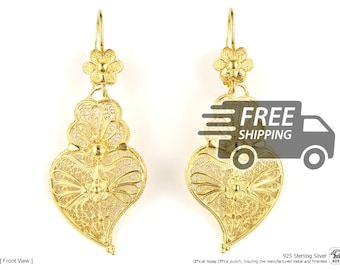 Portuguese Filigree Viana Heart Earrings: Gold Plated 925 Sterling Silver