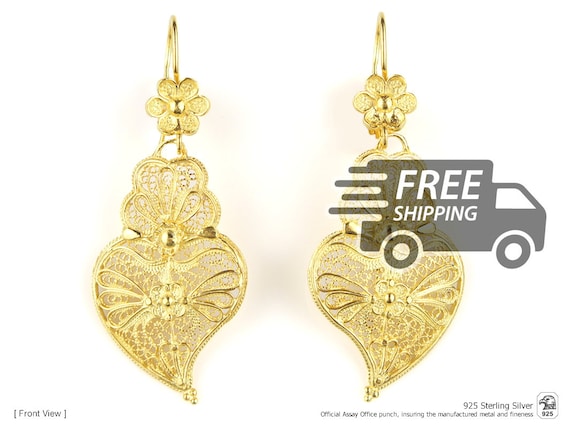 Portuguese Filigree EARRINGS Heart Viana Traditional Antique