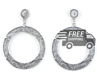 Portuguese Filigree EARRINGS Big CIRCLE Viana Traditional Antique Portugal, 925 Sterling Silver