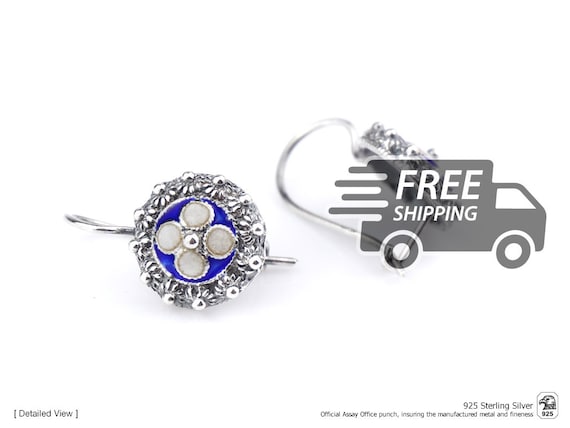 Gold Silver Filigree Earrings I Online sale of Sterling  Portuguese Sterling Silver and Enamel Filigree Earrings display picture 1
