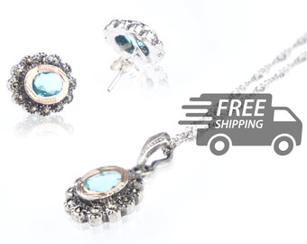 925 Sterling Silver 9k Gold Jewelry Set: Earrings and Necklace, Portuguese Marcasites, Aquamarine Stones