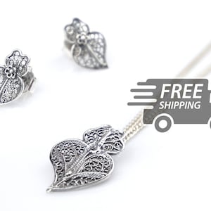Portuguese Filigree SET mini Viana heart earrings and necklace Traditional Antique Portugal, 925 Sterling Silver