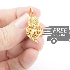 Portuguese Filigree EARRINGS XS size Viana Heart Viana Traditional Antique Portugal, 925 Sterling Silver with 24k Gold Bath