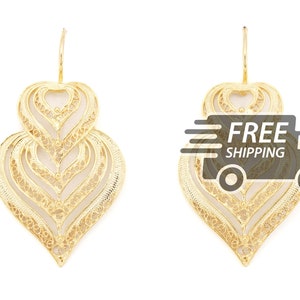 Portuguese Filigree EARRINGS Layered Heart Viana Traditional in 925 Sterling Silver with 24k Gold Bath