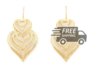 Portuguese Filigree EARRINGS: Layered Viana Heart, Gold Plated 925 Sterling Silver