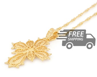 Portuguese Filigree Twisted Necklace: Cross, Gold Plated 925 Sterling Silver