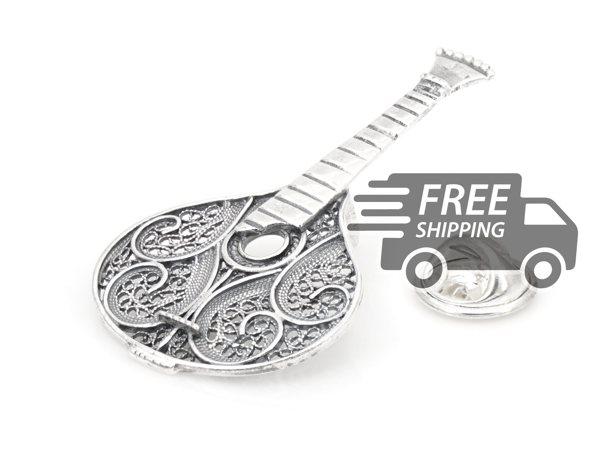 Portuguese Filigree PIN Fado Guitar Traditional Antique Portugal, 925 Sterling Silver
