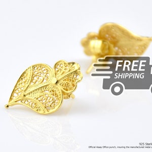 Portuguese Filigree EARRINGS Viana Heart studs Traditional Antique Portugal, 925 Sterling Silver with 24k Gold Bath