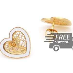 Portuguese Filigree EARRINGS *M Size* White Enamel Colorful Heart Pushback Viana Traditional Portugal 925 Sterling Silver with 24k Gold Bath