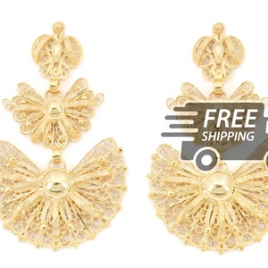 Portuguese Filigree EARRINGS Large Laças Viana Traditional Portugal, 925 Sterling Silver with 24k Gold Bath