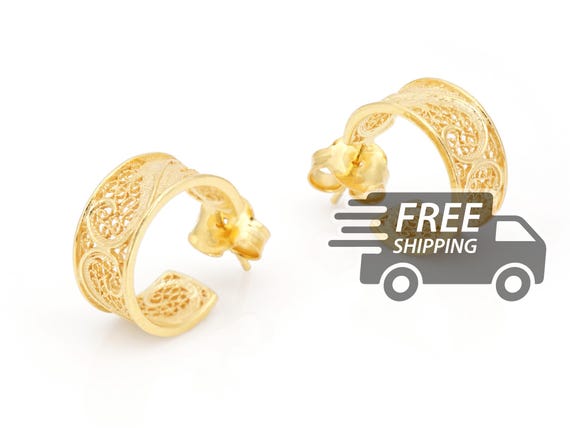 Portuguese Filigree Earrings: Viana Hoops, Gold Plated 925 Sterling Silver
