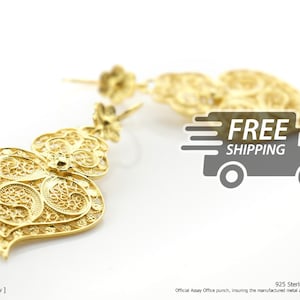 Portuguese Filigree EARRINGS Viana Heart Traditional Antique Portugal, 925 Sterling Silver with 24k Gold Bath