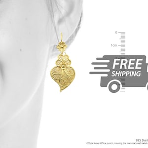 Portuguese Filigree EARRINGS S Size Viana Heart Traditional Antique Portugal, 925 Sterling Silver with 24k Gold Bath