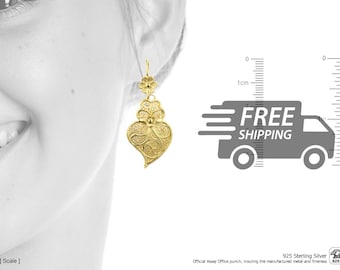 Portuguese Filigree Earrings: Viana Heart, Gold Plated 925 Sterling Silver, Medium Small